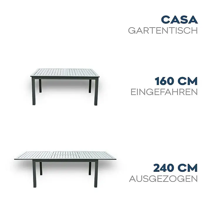 Home Deluxe Gartentisch-Set CASA MADERA - Tisch inkl. 4 Stühlen - Gesamtumfang: 5 -tlg., Ausziehbar - Das Bild zeigt einen Casa Gartentisch in zwei verschiedenen Größen: 160 cm (eingefahren) und 240 cm (ausgezogen).