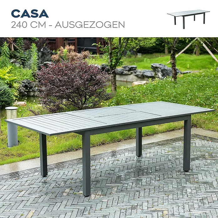 Home Deluxe Gartentisch-Set CASA MADERA - Tisch inkl. 4 Stühlen - Gesamtumfang: 5 -tlg., Ausziehbar - Grauer CASA Gartentisch, 240 cm lang, ausgezogen, im Außenbereich auf einer Terrasse. Elegantes Design für den Garten.