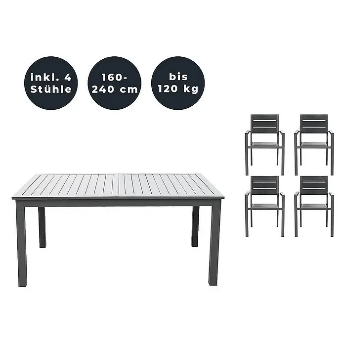 Home Deluxe Gartentisch-Set CASA MADERA - Tisch inkl. 4 Stühlen - Gesamtumfang: 5 -tlg., Ausziehbar - Gartentisch mit vier Stühlen, ideal für den Außenbereich. Das Set bietet Platz für bis zu vier Personen und ist wetterfest.