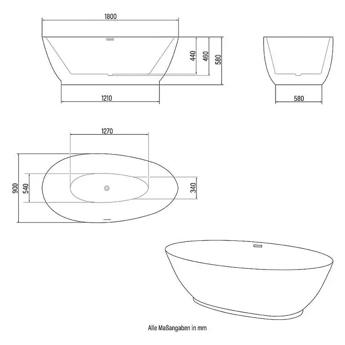Home Deluxe Freistehende Badewanne DELIA - Weiß - Technische Zeichnung einer freistehenden Badewanne mit Maßangaben in mm.