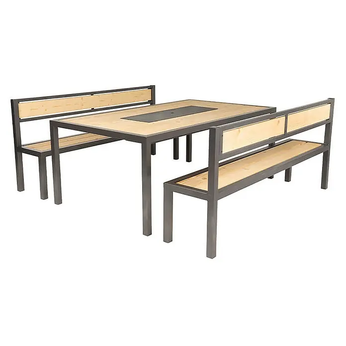 Home Deluxe Gartentisch-Set NAXOS - L x B x H: 43 x 200 x 90 cm - Ein modernes Esstischset mit zwei Bänken und integriertem Grillplatz in der Mitte des Tisches. Das Set besteht aus Holz und Metall.