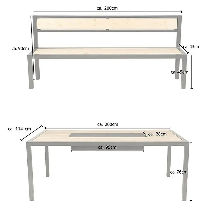 Home Deluxe Gartentisch-Set NAXOS - L x B x H: 43 x 200 x 90 cm - Abbildung eines Gartentisches und einer Gartenbank mit Maßangaben.