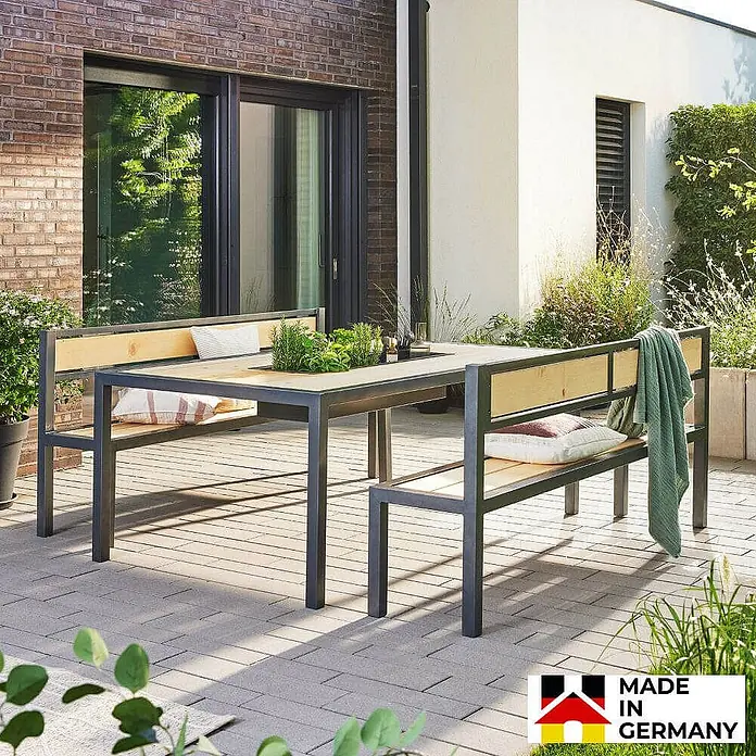 Home Deluxe Gartentisch-Set NAXOS - L x B x H: 43 x 200 x 90 cm - Bild einer stilvollen Gartengarnitur mit Tisch und Bänken aus Metall und Holz für den Außenbereich.