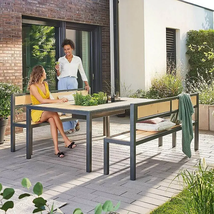 Home Deluxe Gartentisch-Set NAXOS - L x B x H: 43 x 200 x 90 cm - Eine moderne Gartengarnitur mit Tisch und Bänken, ideal für entspannte Stunden im Freien. Das Design ist schlicht und zeitlos.