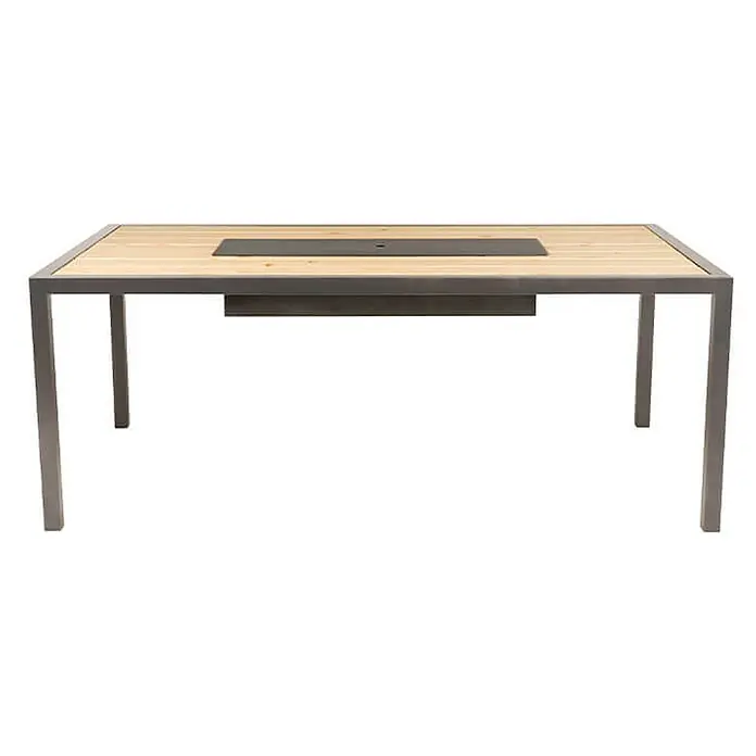 Home Deluxe Gartentisch-Set NAXOS - L x B x H: 43 x 200 x 90 cm - Das Bild zeigt einen Gartentisch mit einer integrierten Feuerstelle, ideal für gemütliche Abende im Freien. Das Design ist modern und ansprechend.