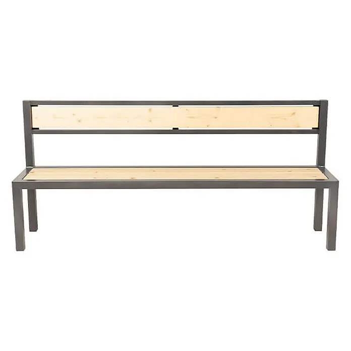 Home Deluxe Gartentisch-Set NAXOS - L x B x H: 43 x 200 x 90 cm - Die Aufnahme zeigt eine moderne Gartenbank mit einem grauem Metallrahmen und einer Sitzfläche sowie Rückenlehne aus hellem Holz.