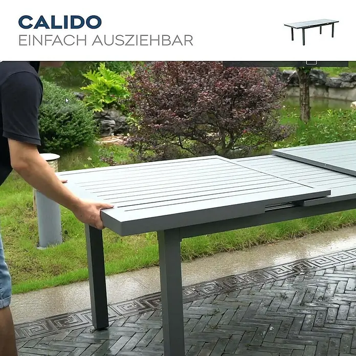 Home Deluxe Gartentisch-Set CALIDO MADERA - Tisch inkl. 6 Stühlen - Gesamtumfang: 6 -tlg., Ausziehbar - Bild eines ausziehbaren Gartentisches der Marke Calido, der sich ideal für den Außenbereich eignet und durch seine Funktionalität besticht.
