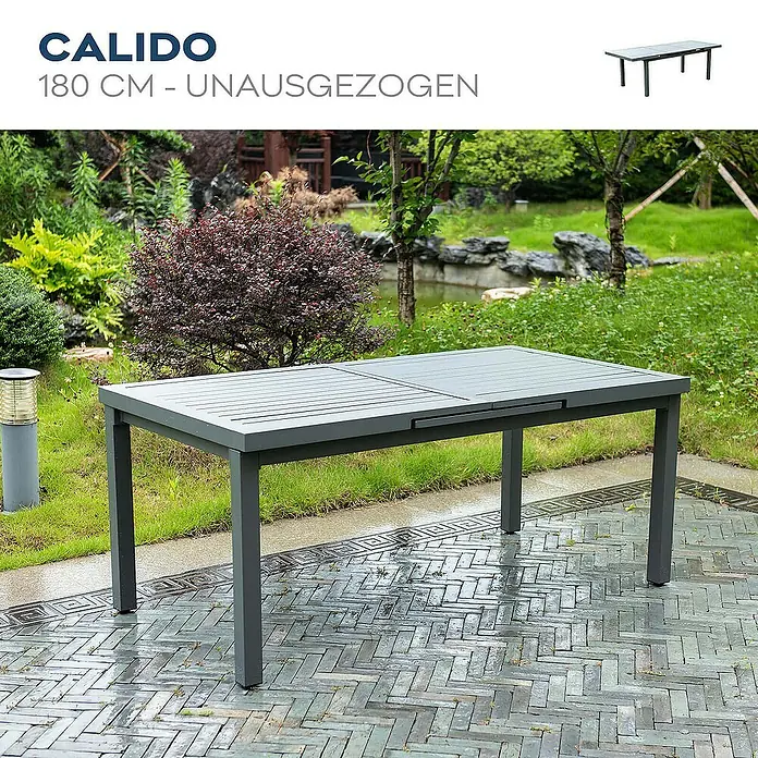 Home Deluxe Gartentisch-Set CALIDO MADERA - Tisch inkl. 6 Stühlen - Gesamtumfang: 6 -tlg., Ausziehbar - Das Bild zeigt einen grauen Calido Gartentisch "180 cm - unausgezogen" auf einer Terrasse, umgeben von üppigem Grün. Eine Miniaturansicht des Tisches ist oben rechts.