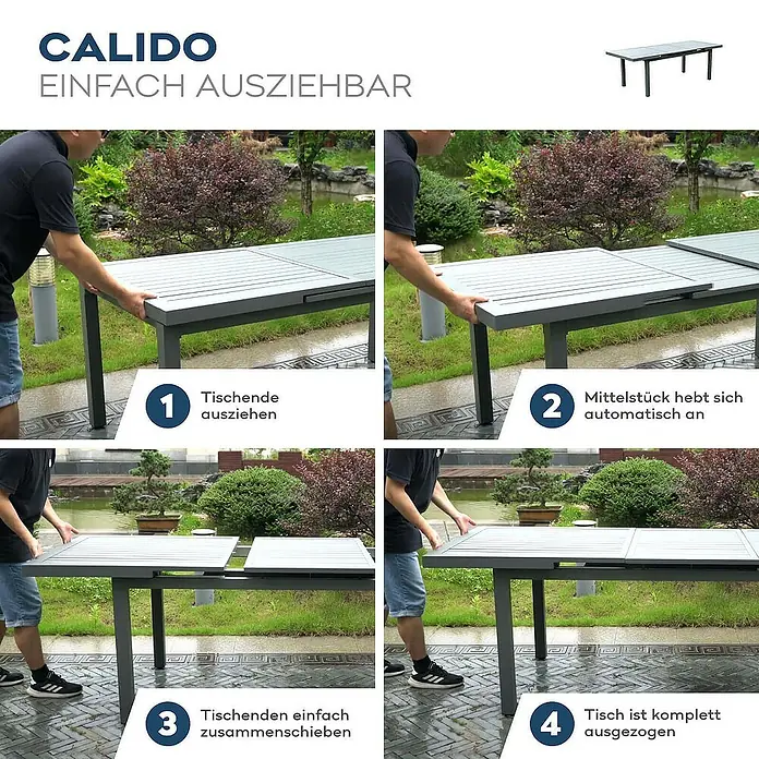 Home Deluxe Gartentisch-Set CALIDO MADERA - Tisch inkl. 6 Stühlen - Gesamtumfang: 6 -tlg., Ausziehbar - Bild zeigt die Montage des ausziehbaren Calido Gartentisches in vier Schritten.