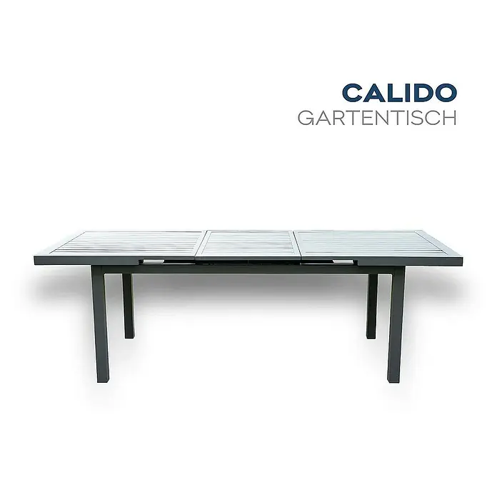 Home Deluxe Gartentisch-Set CALIDO MADERA - Tisch inkl. 6 Stühlen - Gesamtumfang: 6 -tlg., Ausziehbar - Calido Gartentisch: Ein moderner, ausziehbarer Gartentisch mit einer grauen Oberfläche und einem schlichten Design. Perfekt für den Außenbereich.