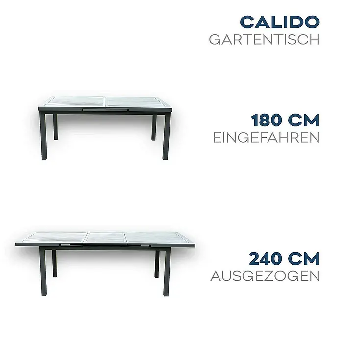 Home Deluxe Gartentisch-Set CALIDO MADERA - Tisch inkl. 6 Stühlen - Gesamtumfang: 6 -tlg., Ausziehbar - Calido Gartentisch in zwei Größen: 180 cm eingefahren und 240 cm ausgezogen.