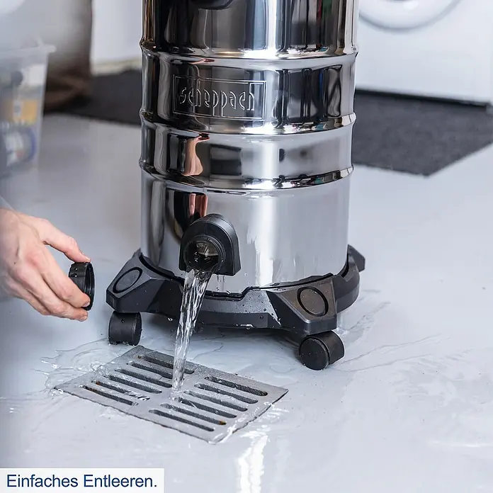 Scheppach Elektro-Nass- & Trockensauger VC30v2 - 1.200 W, Behältervolumen: 30 l, Manuell - Entleeren Sie den Scheppach Waschsauger mühelos über den praktischen Ablauf, für eine schnelle und problemlose Reinigung.