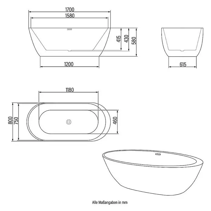 Home Deluxe Freistehende Badewanne CODO - Weiß - Schematische Zeichnung einer freistehenden Badewanne mit Maßangaben in Millimetern für Installationszwecke.