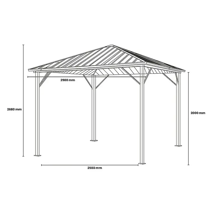 Home Deluxe Standard-Pavillon AZUR - B x T: 298 x 298 cm, Farbe Gestell: Anthrazit, Metall - Ansicht des Pavillons mit Maßangaben für Höhe und Breite. Die Maße sind in Millimeter angegeben.
