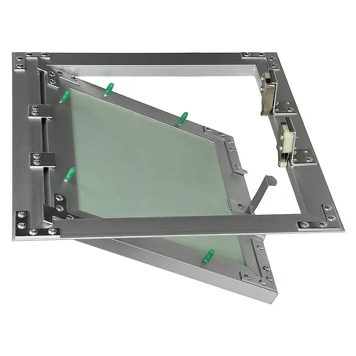 ECD Germany Montagezubehör für Trockenbau Reinigungsklappe 250x300mm Aluminium/Grün Wand/Decke integrierbar - Passend für: Wartungs- und Revisionsöffnungen, Hohlräume mit Anschlüssen, Feuchträume (Badezimmer, Küche, Nassbereiche) - Eine Aluminium-Revisionsklappe mit einer grünen Gipskartonplatte und sichtbaren Schrauben.
