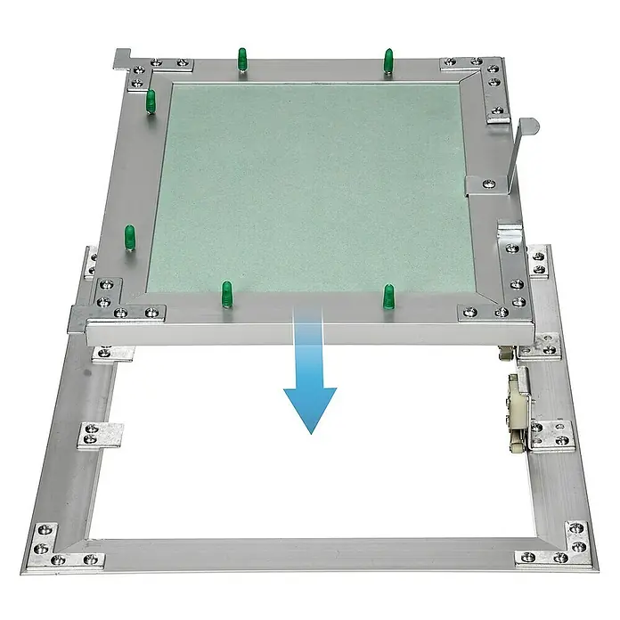 ECD Germany Montagezubehör für Trockenbau Reinigungsklappe 250x300mm Aluminium/Grün Wand/Decke integrierbar - Passend für: Wartungs- und Revisionsöffnungen, Hohlräume mit Anschlüssen, Feuchträume (Badezimmer, Küche, Nassbereiche) - Revisionsklappe mit Gipskartoneinsatz und Abwärtspfeil zur Illustration der Öffnung. Praktische Lösung für den einfachen Zugang.