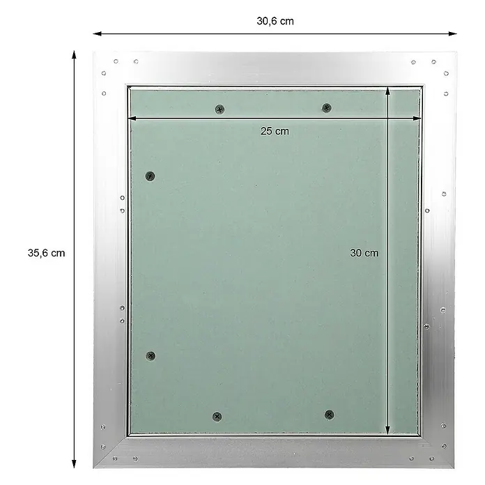 ECD Germany Montagezubehör für Trockenbau Reinigungsklappe 250x300mm Aluminium/Grün Wand/Decke integrierbar - Passend für: Wartungs- und Revisionsöffnungen, Hohlräume mit Anschlüssen, Feuchträume (Badezimmer, Küche, Nassbereiche) - Das Bild zeigt eine Revisionsklappe mit den Maßen 30,6 x 35,6 cm, während die innere Klappe 25 x 30 cm groß ist.