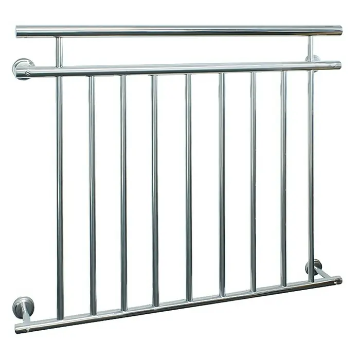 ECD Germany Fenstergitter Französischer Balkon aus Edelstahl Balkongeländer Balkongitter - B x H: 12,5 x 90 cm - Metallgeländer mit glänzenden, senkrechten Stäben und zwei horizontalen Streben, ideal als stilvolle Absturzsicherung.