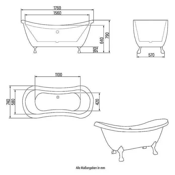 Home Deluxe Freistehende Badewanne FAMA - Weiß - Technische Zeichnung einer freistehenden Badewanne mit Maßangaben in Millimetern für Planungszwecke.