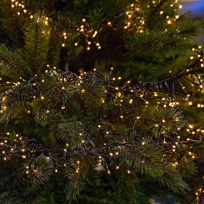 ECD Germany LED-Clusterlichterkette 576 LEDs 4m für Innen & Außen IP44 Warmweiß - Außen, Länge: 4 m, 576 Stk., Netzbetrieben - Nahaufnahme einer Lichterkette mit warmweißen Lichtern, die einen Weihnachtsbaum schmücken. Die Lichter sind auf einem schwarzen Kabel angebracht.