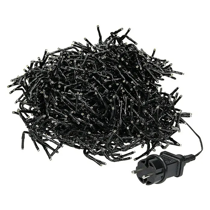 ECD Germany LED-Clusterlichterkette 1512 LEDs 11m für Innen & Außen IP44 Warmweiß - Außen, Länge: 14 m, 1.512 Stk., Netzbetrieben - Ein Haufen schwarzer Lichterkette mit LED-Leuchten und einem Stecker. Ideal für stimmungsvolle Dekorationen im Innen- und Außenbereich.