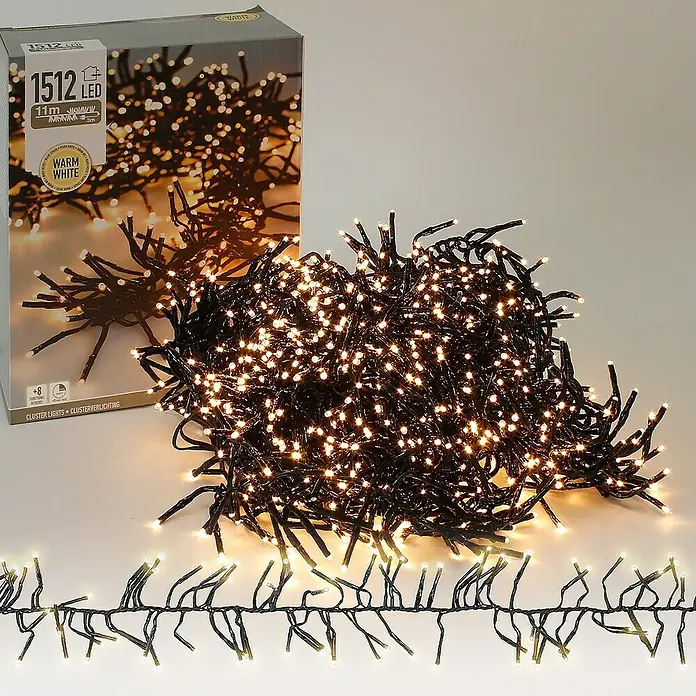 ECD Germany LED-Clusterlichterkette 1512 LEDs 11m für Innen & Außen IP44 Warmweiß - Außen, Länge: 14 m, 1.512 Stk., Netzbetrieben - Lichterkette mit 1512 warmweißen LEDs, 11 m lang, zur stimmungsvollen Beleuchtung im Innen- und Außenbereich. Ideal für festliche Dekorationen.