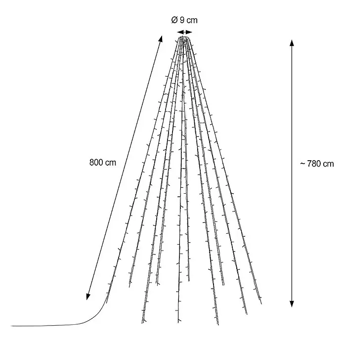 ECD Germany LED-Lichterkette 10 Stränge à 8 Meter mit 360 LED in Warmweiß Außenbeleuchtung - Außen, Lichtfarbe: Warmweiß, Anzahl Leuchtmittel: 360 Stk., Netzbetrieben - Darstellung eines LED-Lichterbaum-Umrisses mit Größenangaben (Höhe: 780 cm, Diagonale: 800 cm, Durchmesser: 9 cm).