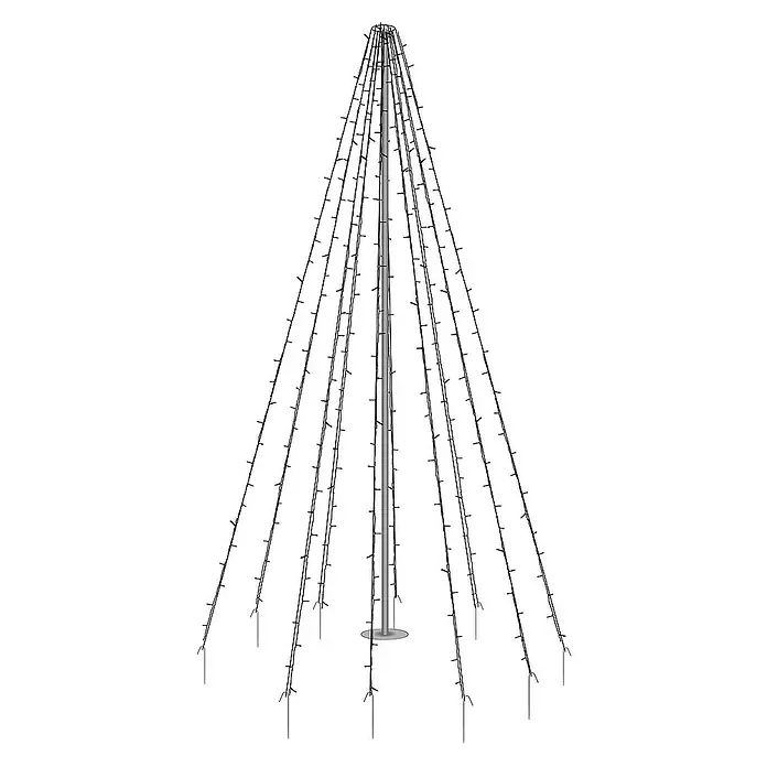 ECD Germany LED-Lichterkette 10 Stränge à 8 Meter mit 360 LED in Warmweiß Außenbeleuchtung - Außen, Lichtfarbe: Warmweiß, Anzahl Leuchtmittel: 360 Stk., Netzbetrieben - Abbildung eines LED-Kegelbaums mit einem schlanken, silbernen Mast und Strängen funkelnder Lichter, ideal für festliche Dekorationen.