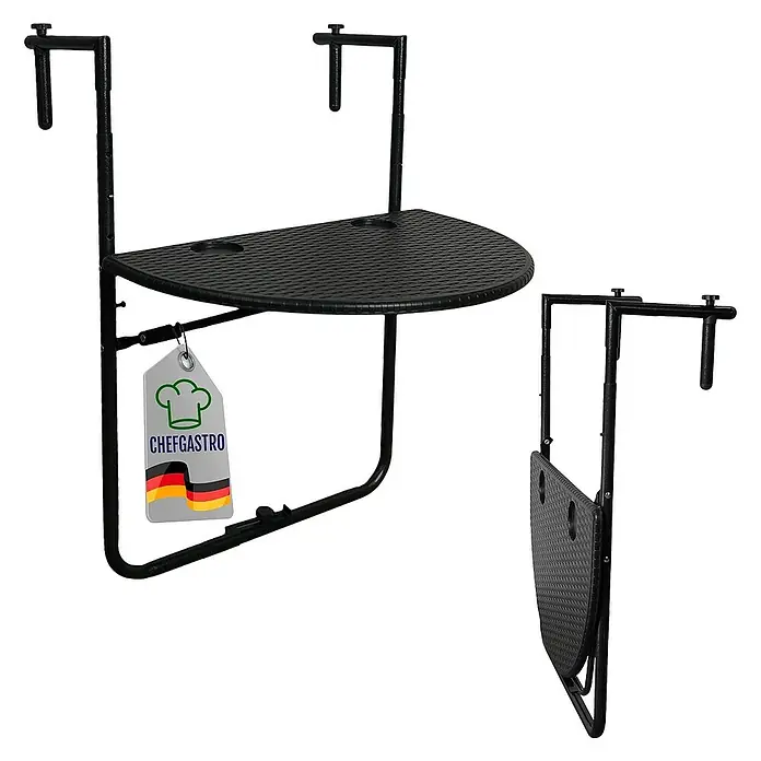Chefgastro Balkon-Hängetisch Balkonhängetisch aus Kunststoff klappbar & 3-fach höhenverstellbar - Schwarz, Klappbar - Balkonhängetisch aus schwarzem Metall, klappbar und mit Markenanhänger. Perfekt für kleine Räume und Balkone.