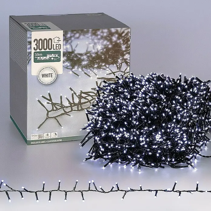 ECD Germany LED-Clusterlichterkette 3000 LEDs 39m für Innen & Außen IP44 Kaltweiß - Außen, Länge: 42 m, 3.000 Stk., Netzbetrieben - Nahaufnahme von 3000er LED-Lichterkette, warmweiß, 39 m lang, mit Steuergerät, geeignet für den Innen- und Außenbereich.