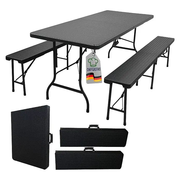 Chefgastro Gartentisch-Set 3-teilig klappbar, 1x Buffettisch & 2x Bierbank, Bierzeltgarnitur - Gesamtumfang: 3 -tlg., Klappbar - Abbildung eines schwarzen Klapptisch- und Banksets mit passenden Aufbewahrungstaschen, ideal für den einfachen Transport und die Lagerung.