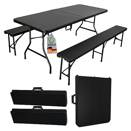 Chefgastro  Gartentisch-Set 3-teilig klappbar, 1x Buffettisch & 2x Bierbank, Bierzeltgarnitur