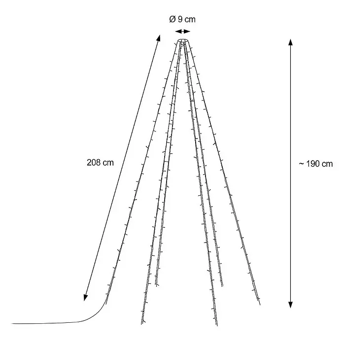 ECD Germany LED-Lichterkette 6 Stränge à 2,08 Meter mit 192 LED in Warmweiß Außenbeleuchtung - Außen, Lichtfarbe: Warmweiß, Anzahl Leuchtmittel: 192 Stk., Netzbetrieben - Abbildung eines LED-Kegelbaums mit den Maßen Ø 9 cm oben, 208 cm in der Diagonale und ca. 190 cm in der Höhe.