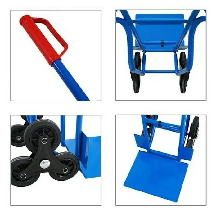 Proregal Treppen-Sackkarre RAGNAR mit klappbarer XXL Schaufel & Vollgummibereifung - Stahl, Traglast: 250 kg - Detailansichten einer blauen Treppenkarre mit roten Griffen, die Funktionalität und Design hervorheben.