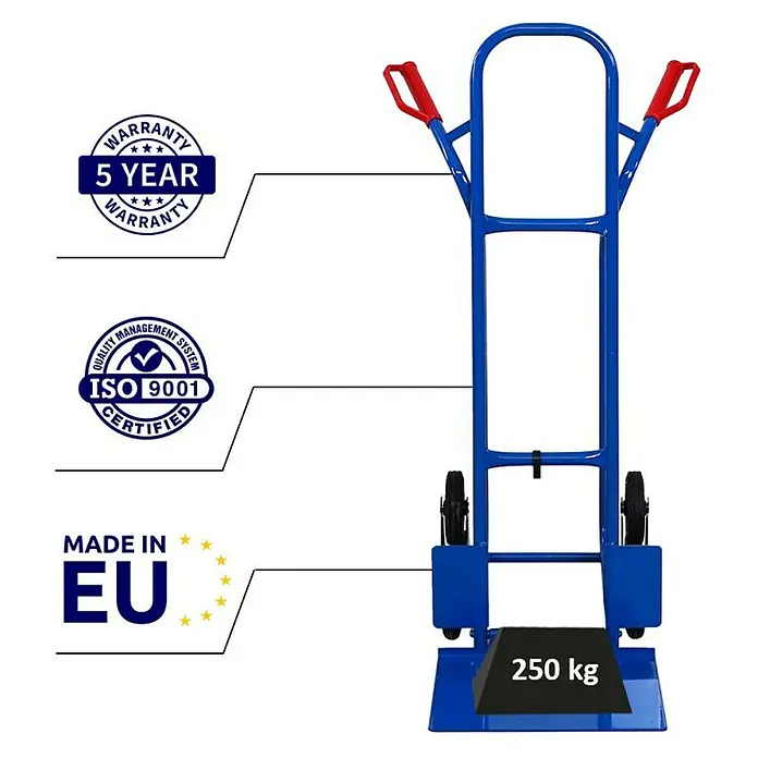 Proregal Treppen-Sackkarre RAGNAR mit klappbarer XXL Schaufel & Vollgummibereifung - Stahl, Traglast: 250 kg - Abbildung einer blauen Treppenkarre mit rotem Griff, 5 Jahre Garantie, ISO 9001 zertifiziert und Made in EU. Belastbarkeit 250 kg.