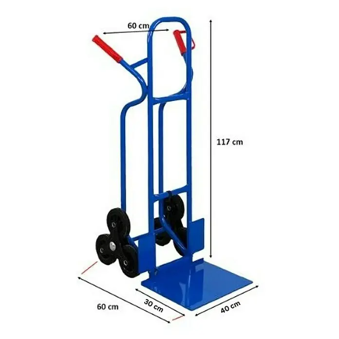 Proregal Treppen-Sackkarre RAGNAR mit klappbarer XXL Schaufel & Vollgummibereifung - Stahl, Traglast: 250 kg - Bild eines blauen Treppensteigers mit den Maßen 60 cm, 30 cm, 40 cm und 117 cm, der einen einfachen Transport über Treppen ermöglicht.