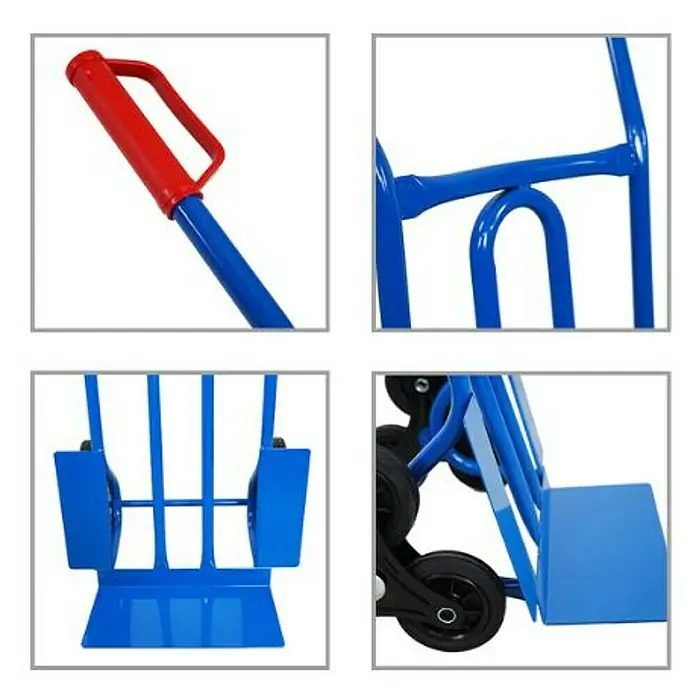 Proregal Treppen-Sackkarre RHINO mit XL Schaufel, 250 kg Traglast & Vollgummibereifung - Stahl, Traglast: 250 kg - Nahaufnahmen eines blauen Treppensteiger-Sackkarren mit roten Griffdetails, der Vielseitigkeit und Komfort verspricht.