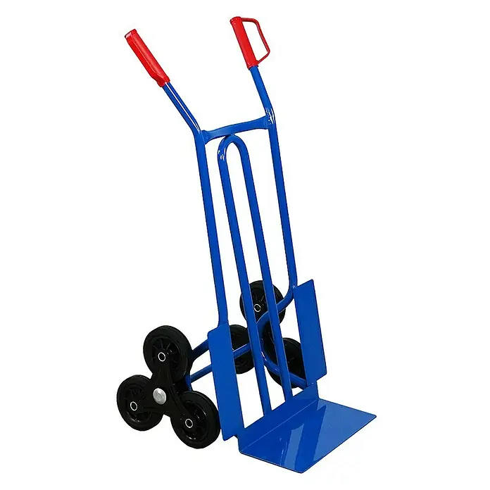 Proregal Treppen-Sackkarre RHINO mit XL Schaufel, 250 kg Traglast & Vollgummibereifung - Stahl, Traglast: 250 kg - Eine blaue Treppensteiger-Sackkarre mit roten Griffen und einem stabilen Trittbrett, ideal für den Transport schwerer Gegenstände.
