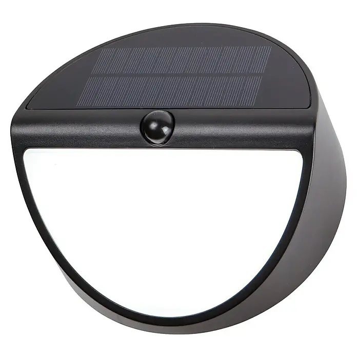 Arte confort Aplique solar para exterior Prion - L x An x Al: 20 x 9,7 x 20 cm - Vista superior de una luz solar negra en forma de media luna con sensor de movimiento y panel solar integrado para uso en exteriores.