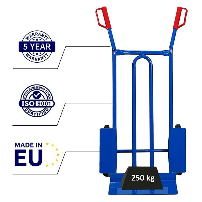 Proregal Treppen-Sackkarre RHINO mit XL Schaufel, 250 kg Traglast & Vollgummibereifung - Stahl, Traglast: 250 kg - Abbildung eines blauen Treppensteigers mit rotem Griff, der mit "5 Jahre Garantie" und "Hergestellt in der EU" gekennzeichnet ist.