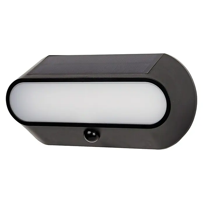 Arte confort Aplique solar para exterior Evra - 1,5 W, Blanco cálido, Negro - Imagen de una lámpara solar ovalada negra con sensor de movimiento, ideal para uso exterior.