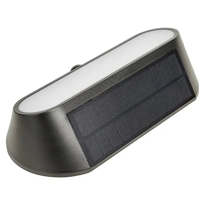 Arte confort Aplique solar para exterior Evra - 1,5 W, Blanco cálido, Negro - Primer plano de una lámpara solar moderna con iluminación LED y panel solar integrado, ideal para uso en exteriores.
