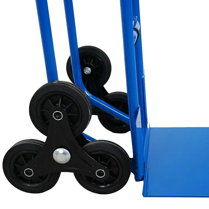 Proregal Treppen-Sackkarre RAGNAR mit klappbarer XXL Schaufel & Vollgummibereifung - Stahl, Traglast: 250 kg - Blaue Treppensteiger-Sackkarre mit innovativem Dreirad-Design für müheloses Treppensteigen. Robust und zuverlässig für den Transport schwerer Lasten.