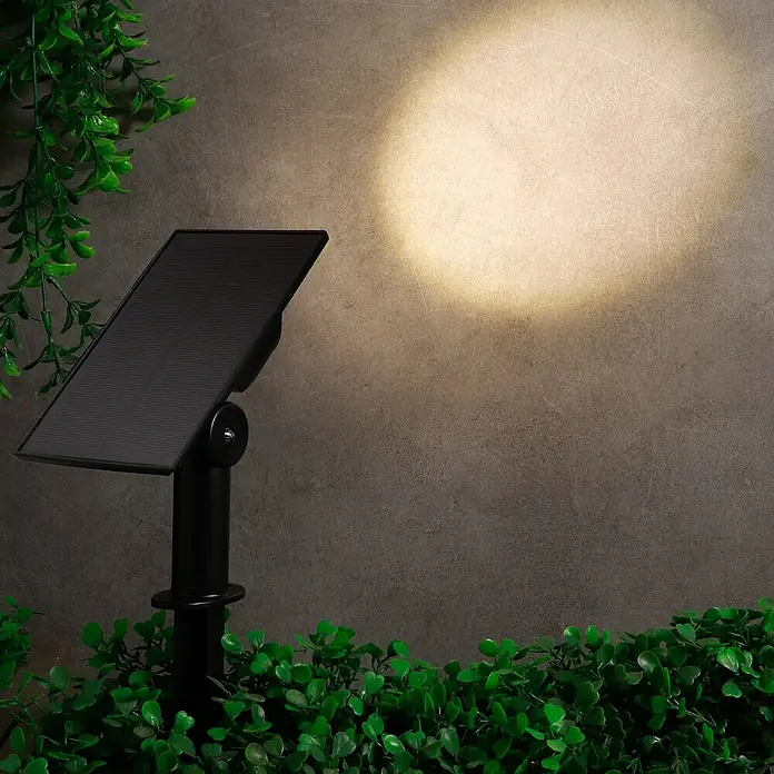 Arte confort Lámpara con pica Haloz - 2 W, Blanco cálido - Lámpara de jardín solar que proyecta un haz sobre una pared gris, rodeada de follaje verde. El foco es negro.
