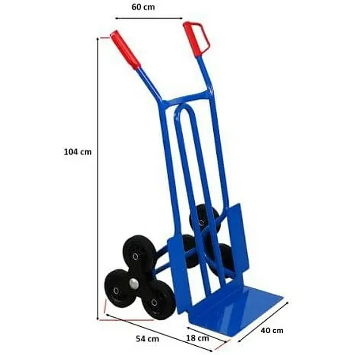 Proregal Treppen-Sackkarre RHINO mit XL Schaufel, 250 kg Traglast & Vollgummibereifung - Stahl, Traglast: 250 kg - Das Bild zeigt eine blaue Treppenkarre mit den Maßen 104cm Höhe, 60cm Breite oben und 54cm Länge unten.