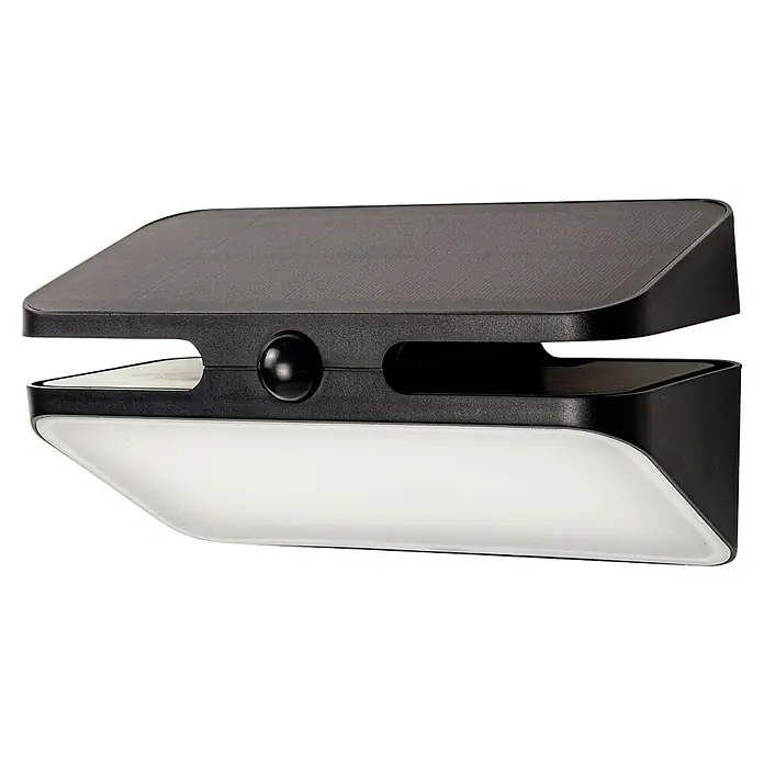 Arte confort Aplique solar para exterior Olvar - 2,5 W, Plástico, Blanco neutro, Negro - Primer plano de una lámpara de pared negra con energía solar, sensor de movimiento y luz blanca.