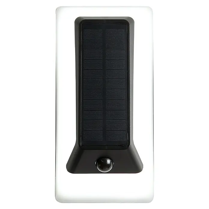 Arte confort Aplique solar para exterior Lexor - 1,4 W, Blanco cálido, Blanco - La imagen muestra una lámpara solar negra con un panel solar y un sensor de movimiento, ideal para uso exterior.