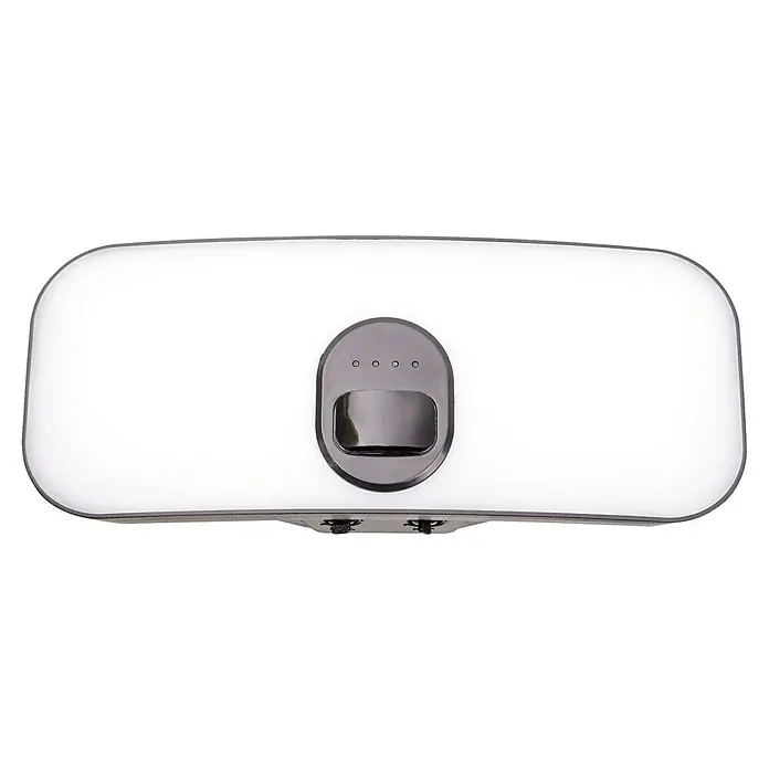 Arte confort Aplique solar para exterior Seyla - 3,5 W, Blanco neutro, Negro - Primer plano de un calentador de agua blanco con formas redondeadas y un panel de control gris con tres luces pequeñas.