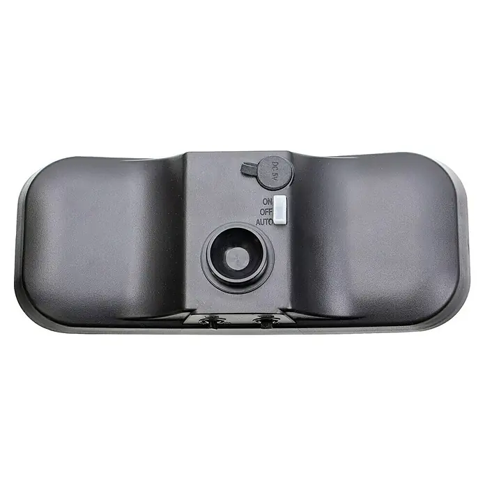 Arte confort Aplique solar para exterior Seyla - 3,5 W, Blanco neutro, Negro - Un artículo electrónico gris con un interruptor de encendido, fuente de alimentación DC 5V y apertura de lente para imágenes claras.