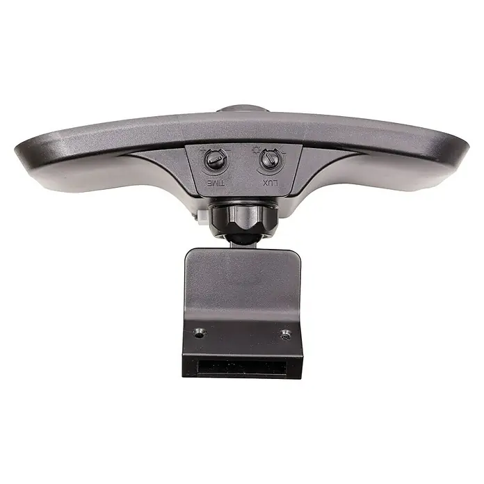 Arte confort Aplique solar para exterior Seyla - 3,5 W, Blanco neutro, Negro - Primer plano de una luz de seguridad LED con ajustes de tiempo y lux, ideal para uso exterior y mejorar la seguridad del hogar.